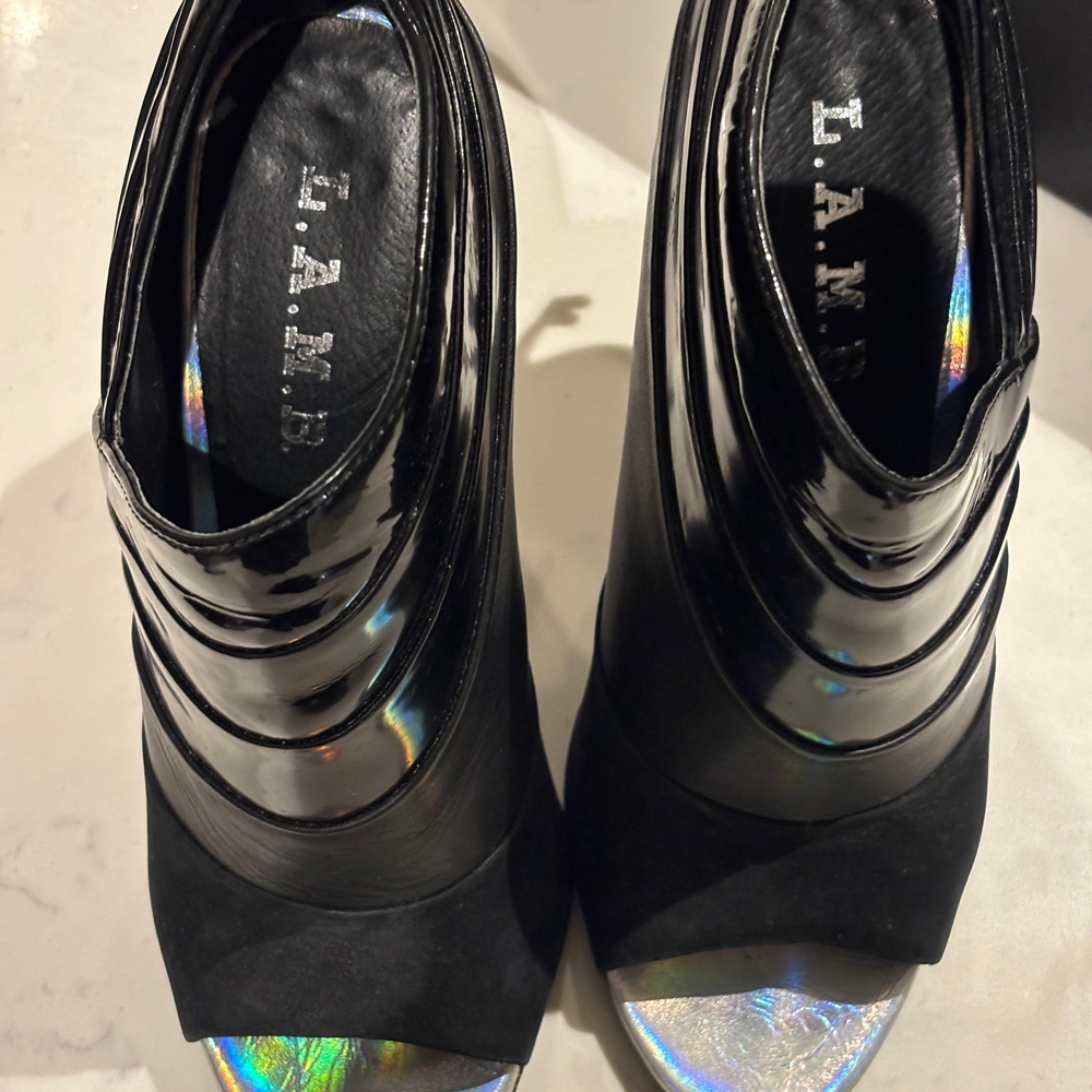 Sexy Booties L.A.M.B. Women's Black and Silver Heels